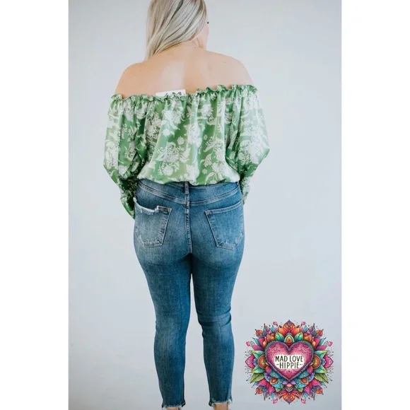 Peach Love Sage Green Satin Large Floral Print Off Shoulder Bubble Top - Picture 7 of 7